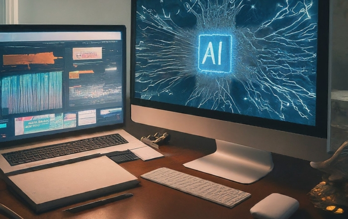 Image is showing a desctop and a laptop computer next to each other on a desk with the letters AI shown on the desktop screen