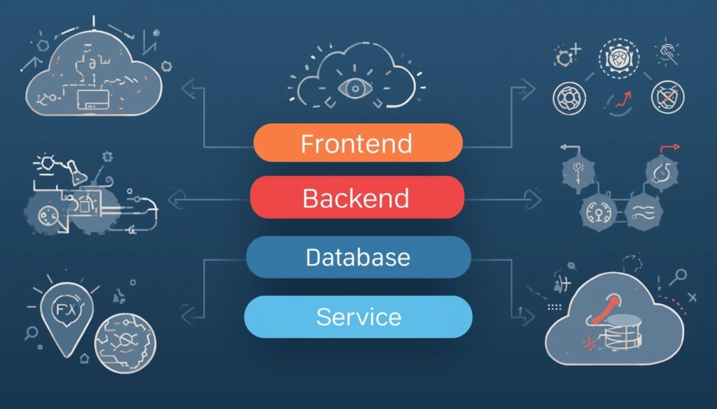 an illustration showing layers of technology including frontend, backend, database, and cloud services, modern professional design with icons and labels