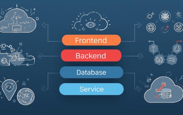 an illustration showing layers of technology including frontend, backend, database, and cloud services, modern professional design with icons and labels